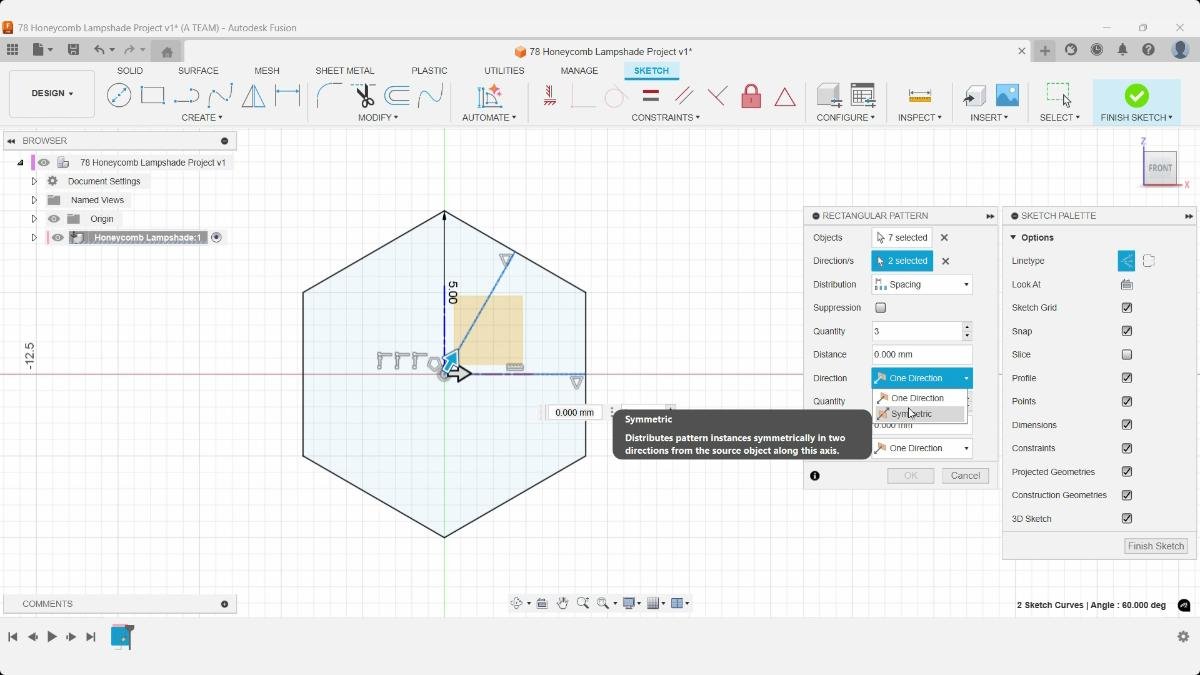Fusion Rectangular Pattern set to Symmetric for the first honeycomb pattern direction.