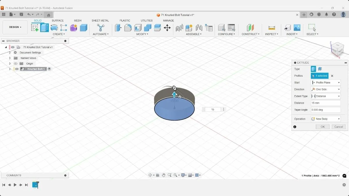 Fusion extrude operation creating knurled bolt base