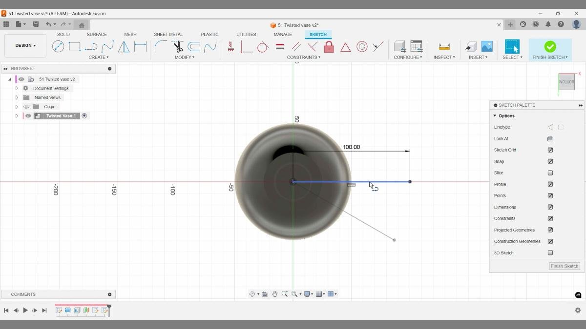 Bottom sketch line defining twist start for loft surface.