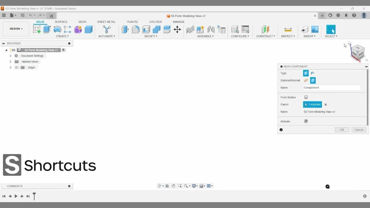 fusion new component setup vase form modeling