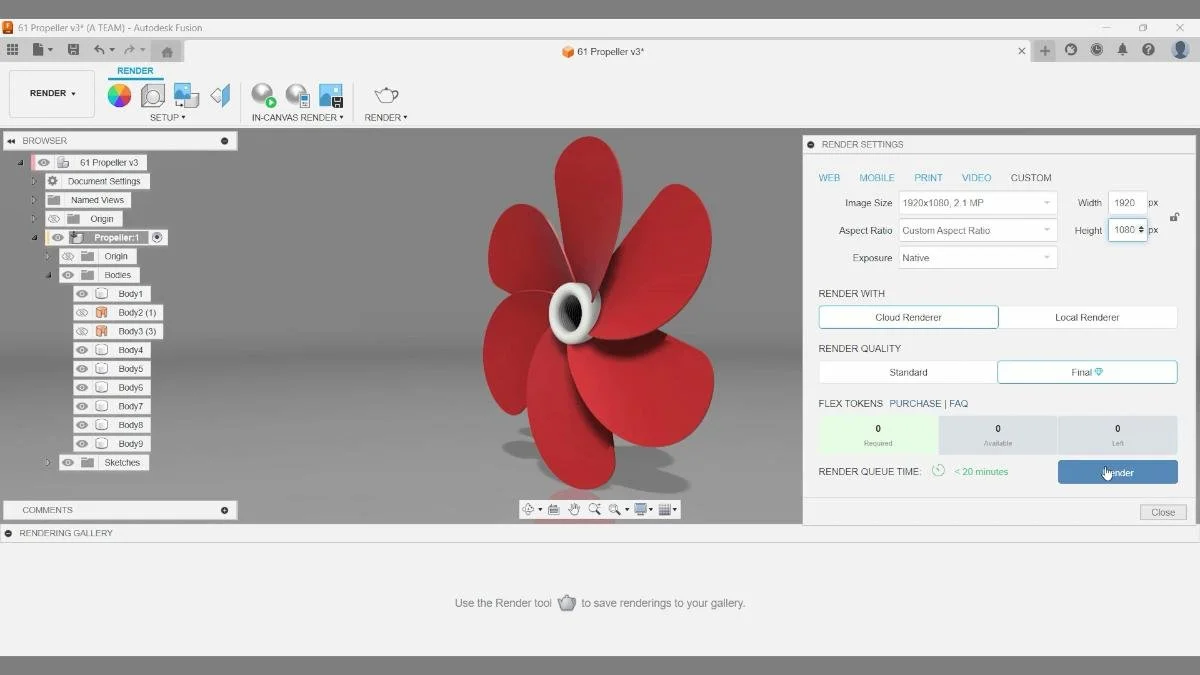 Fusion render workspace showing cloud render settings for propeller.