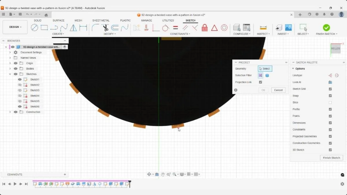 Projecting a single reference point from the patterned edge onto the top sketch.
