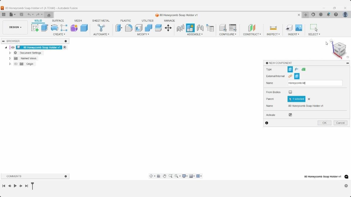 Fusion New Component dialog creating a component for the honeycomb soap holder.