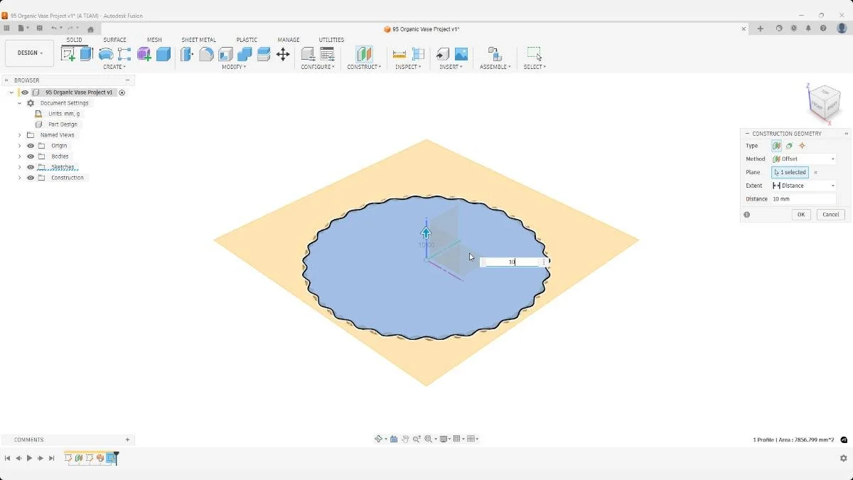 Fusion offset construction plane positioned above wave profile for pen holder surface modeling