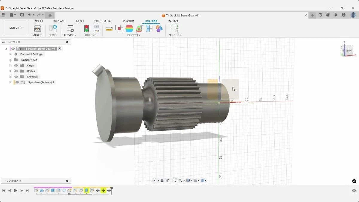 Front sketch plane selected for bevel gear construction sketch in Fusion.