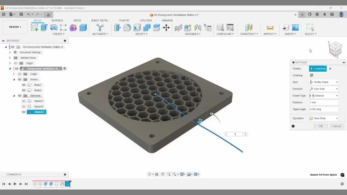 fusion extrude spline surface curved shape