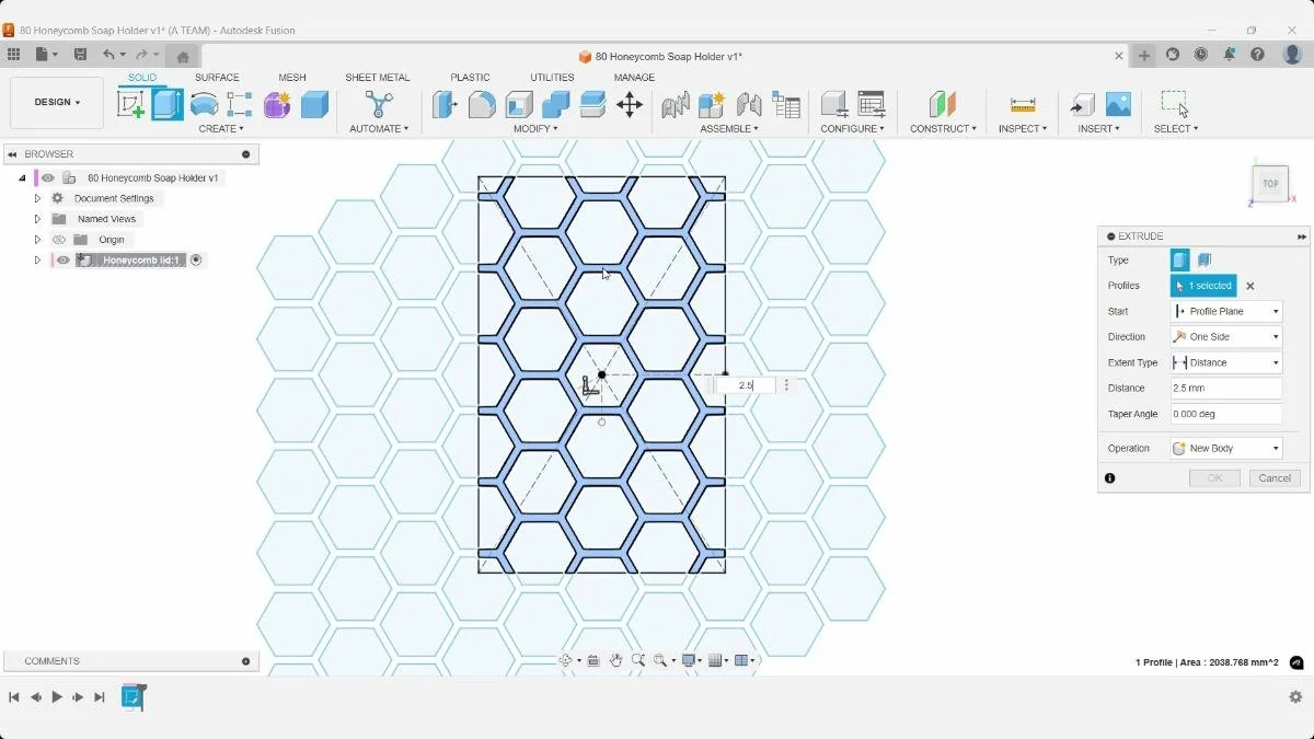 Fusion Extrude command applied to the cropped honeycomb soap holder profile at 2.5 mm.