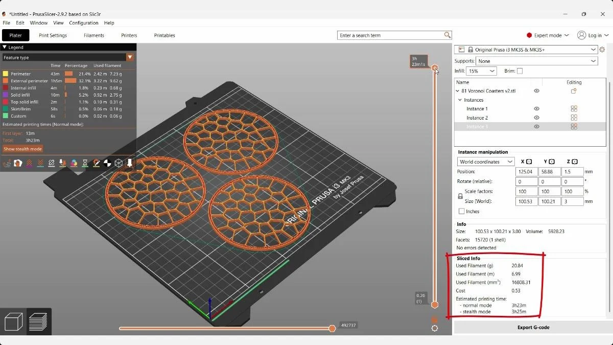 PrusaSlicer preview showing print time and filament estimates for three Voronoi coasters.