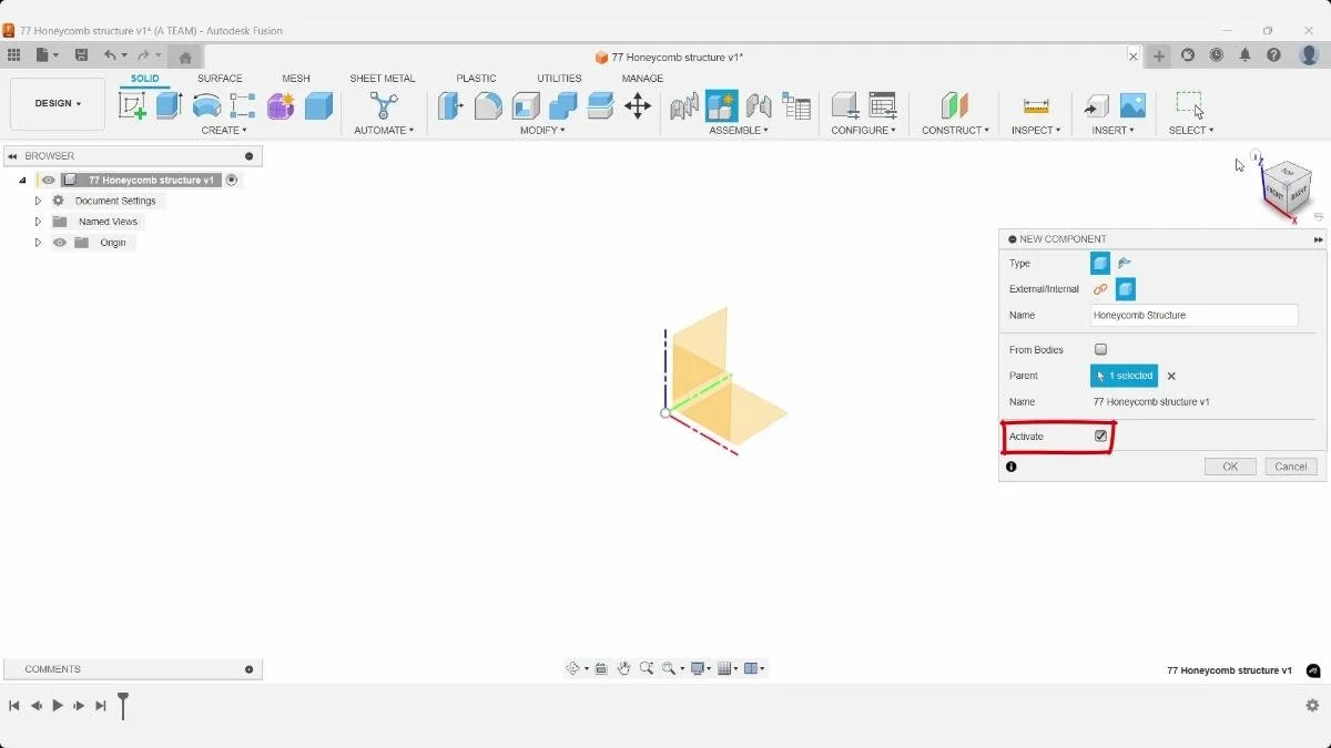 Creating a new component in Autodesk Fusion before modeling a parametric honeycomb pattern.