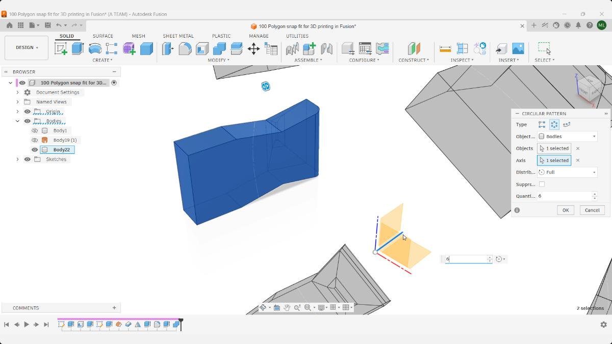 Fusion Circular Pattern command creating six instances of the snap fit body.