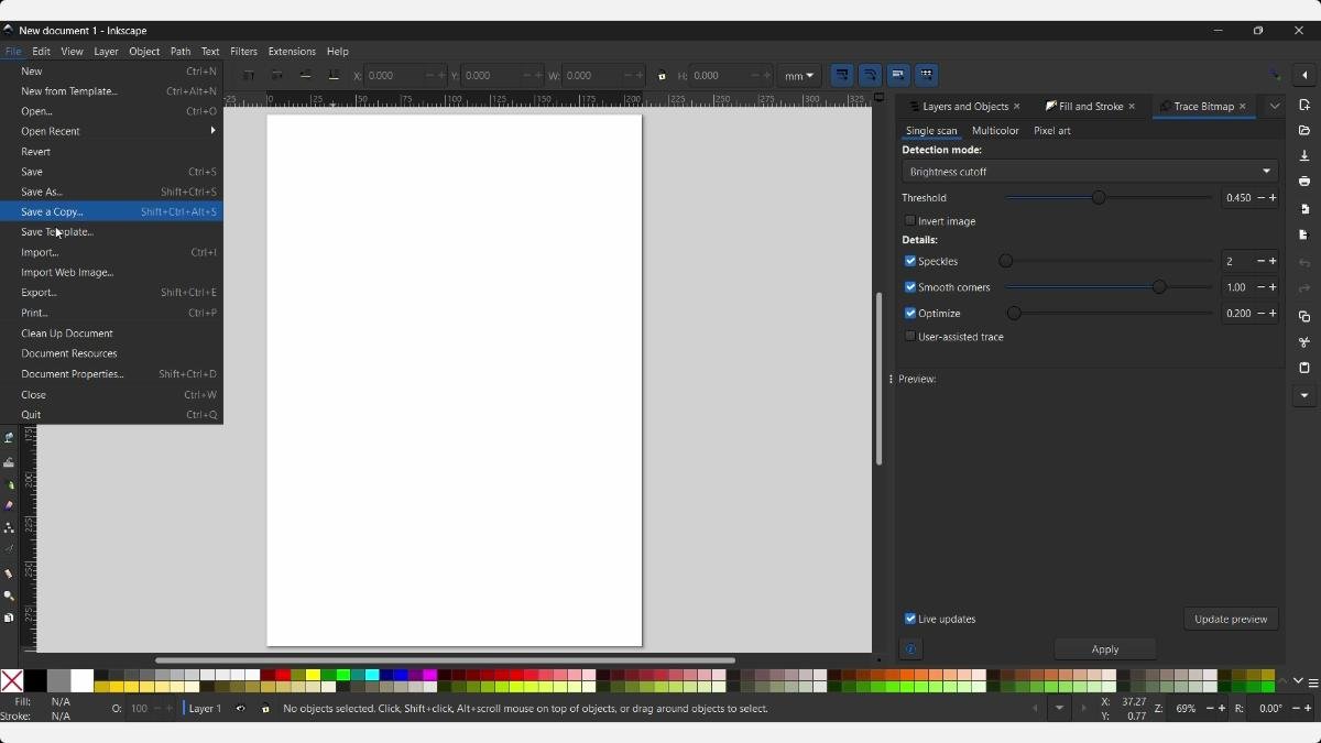 Inkscape document with a blank page and the image import menu open.
