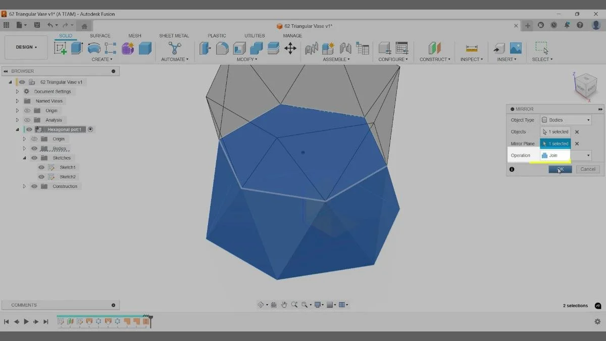 Fusion Mirror tool completing triangular vase form from half model