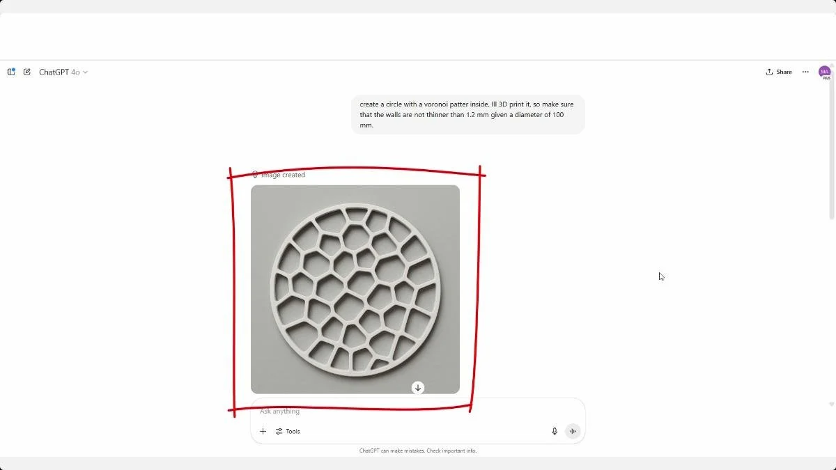 ChatGPT-generated circular Voronoi coaster pattern with a 100 mm diameter and minimum 1.2 mm walls.