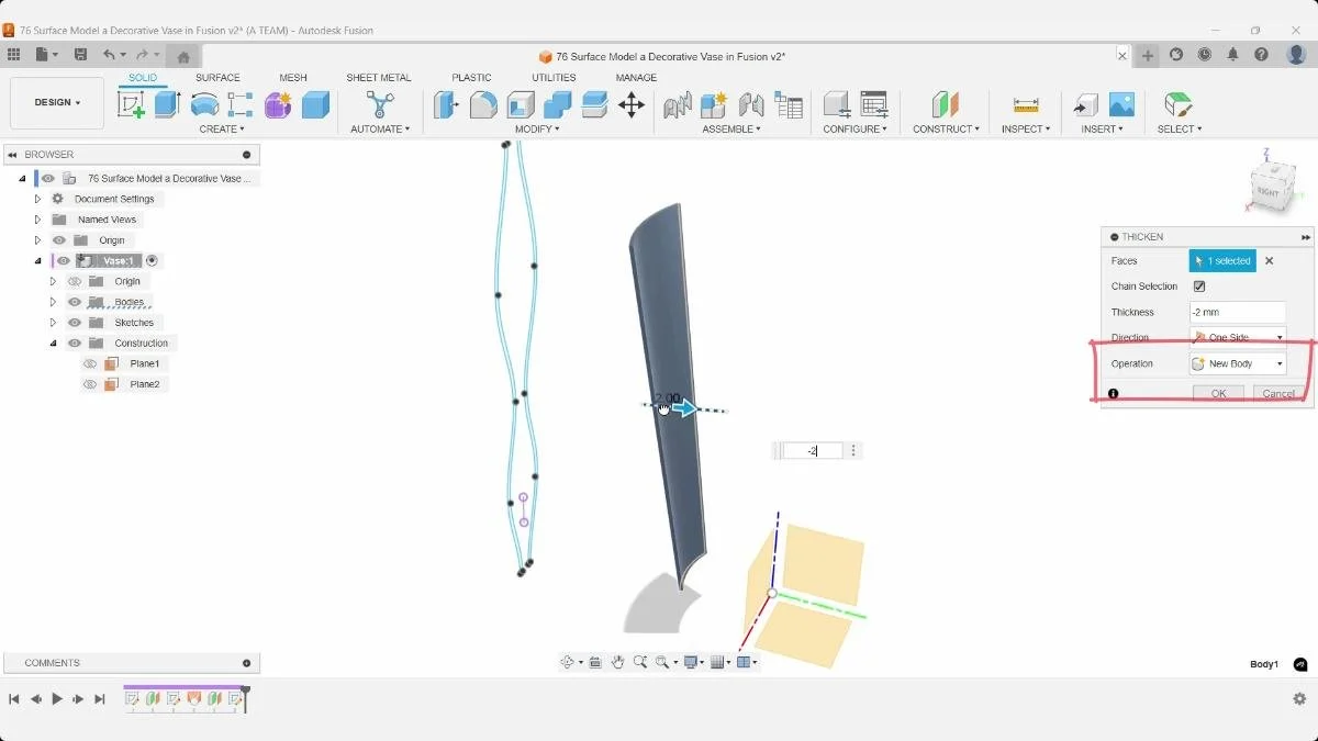Thicken command creating a 2 mm solid body from the lofted surface.