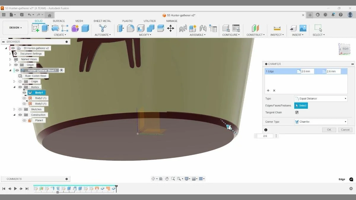 Adding a chamfer to the bottom edge of the bowl in Autodesk Fusion