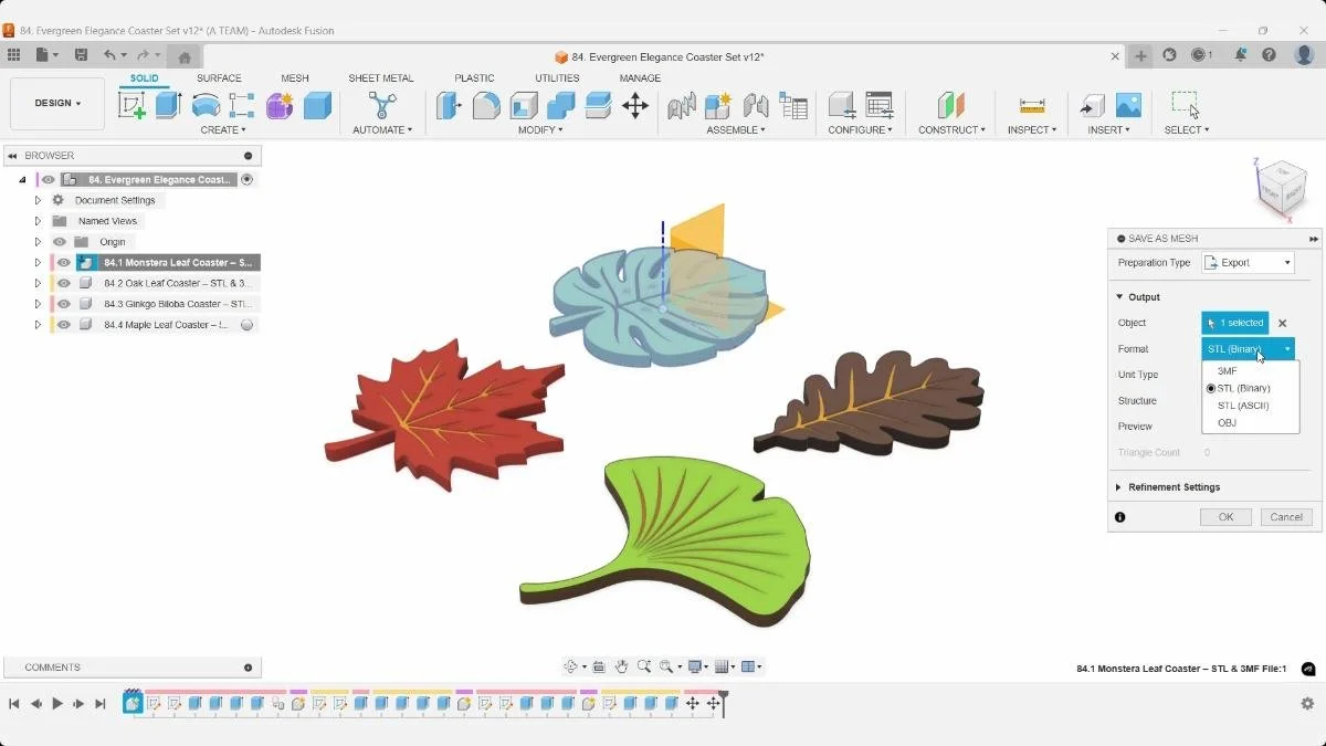 Fusion Save as Mesh dialog exporting the Monstera leaf coaster as a binary STL.