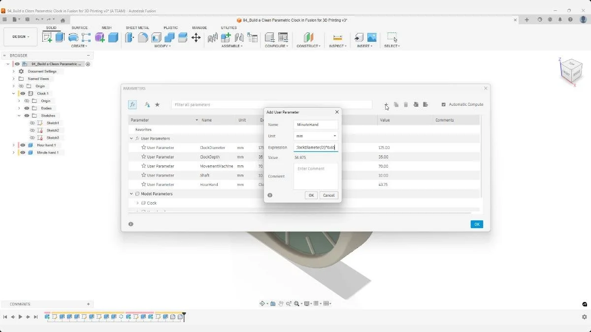 Creating a user parameter for minute hand length in Fusion for a parametric clock.