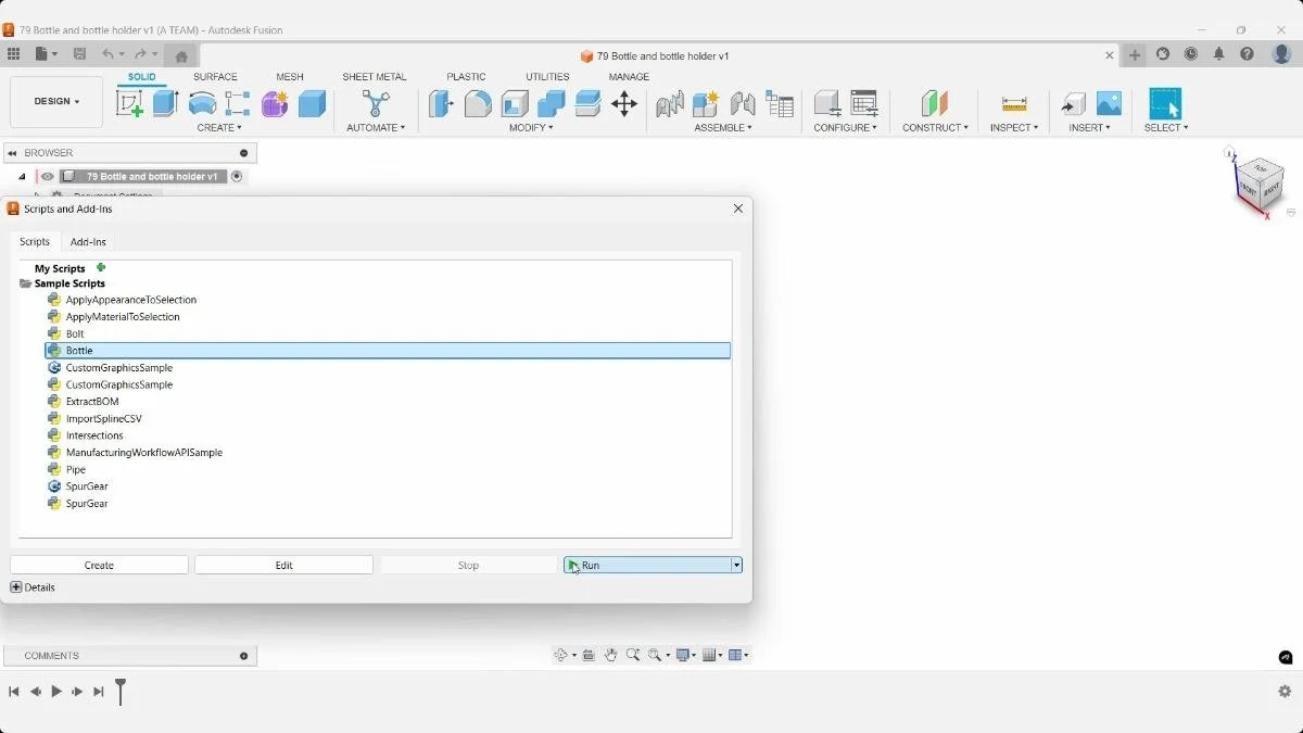 Fusion Scripts and Add-Ins dialog with the Bottle sample script selected and ready to run.