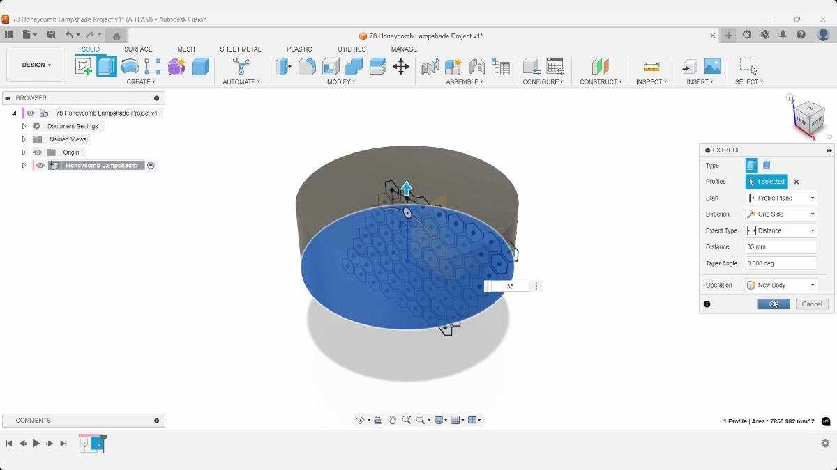 Fusion Extrude creating a 35 mm cylindrical body for the honeycomb lampshade.