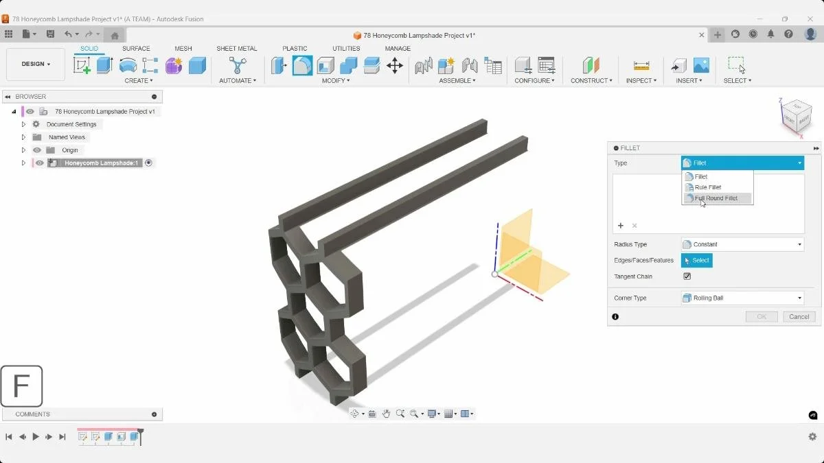 Fusion Fillet dialog open on the extracted honeycomb lampshade section.