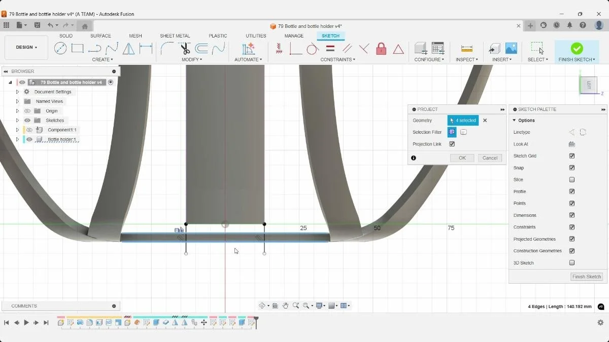 Fusion Project command selecting four frame edges for the bottle holder base sketch.