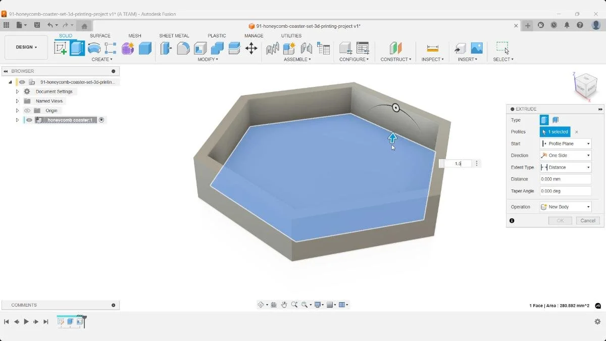 Extruding a 1.5 mm bottom layer inside the hexagon to strengthen the honeycomb coaster.