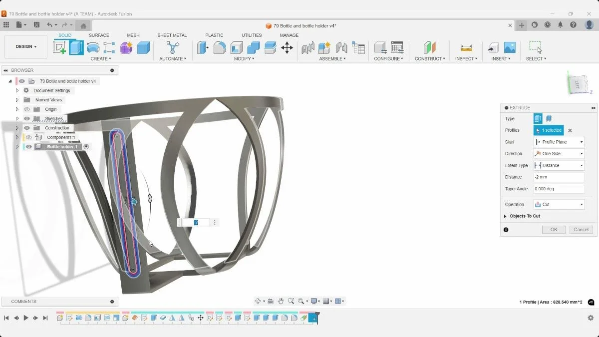 Fusion Extrude Cut removing 2 mm from the bottle holder using the slot profile.