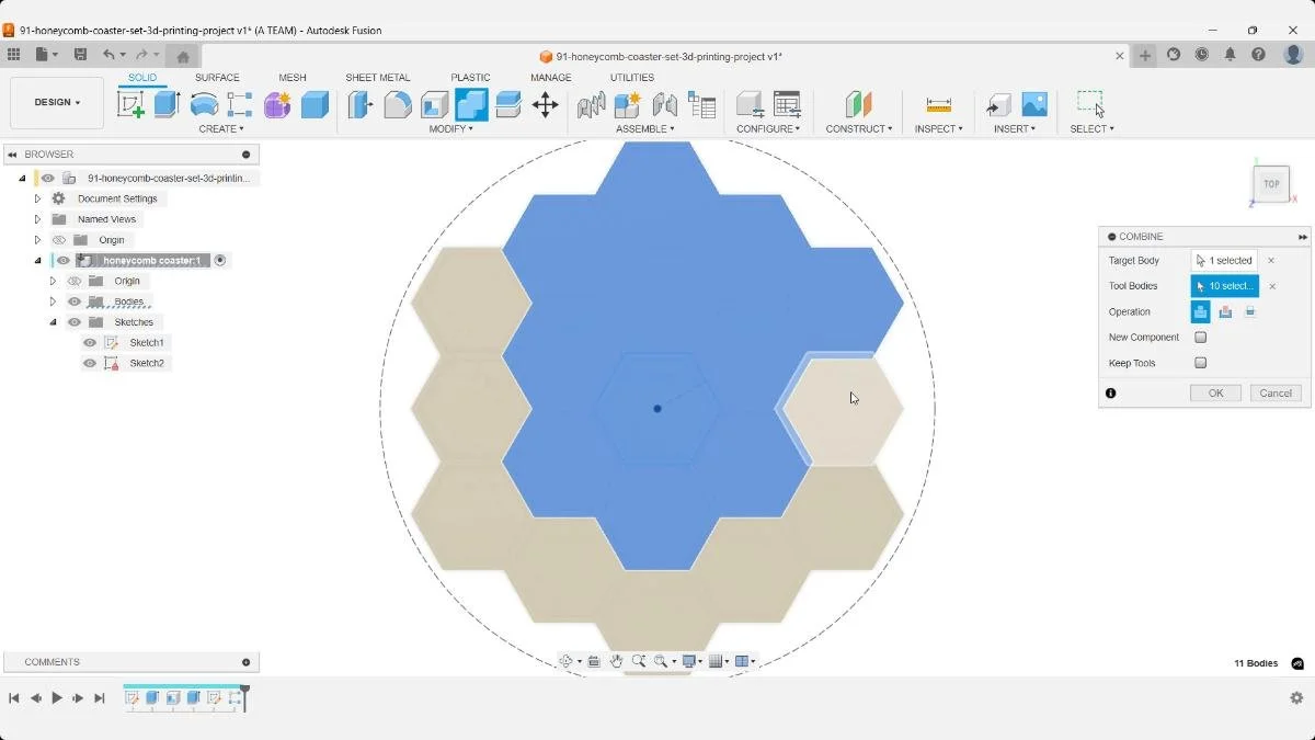 Combining selected hexagons into one solid honeycomb body for a clean 3D-printable coaster design.
