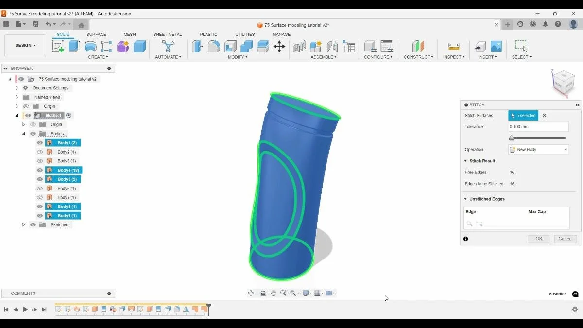 Stitch command joining bottle surfaces into a solid body in Fusion.