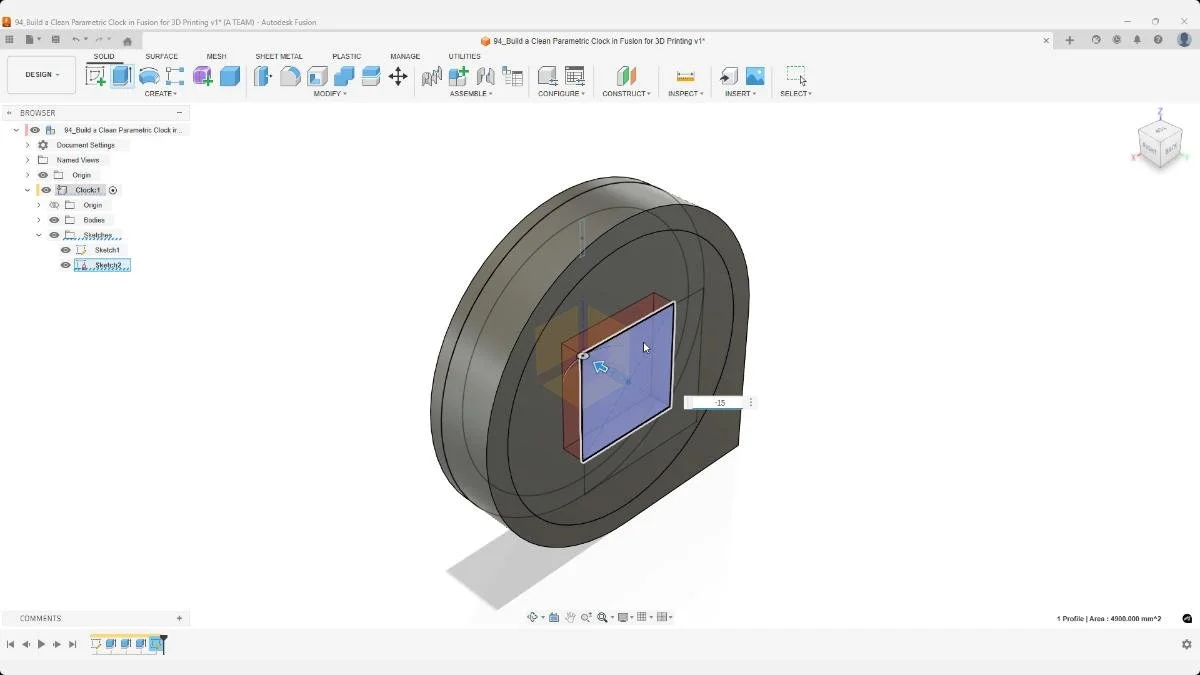 Cutting the rear pocket for a clock movement in Fusion for a 3D-printed clock.