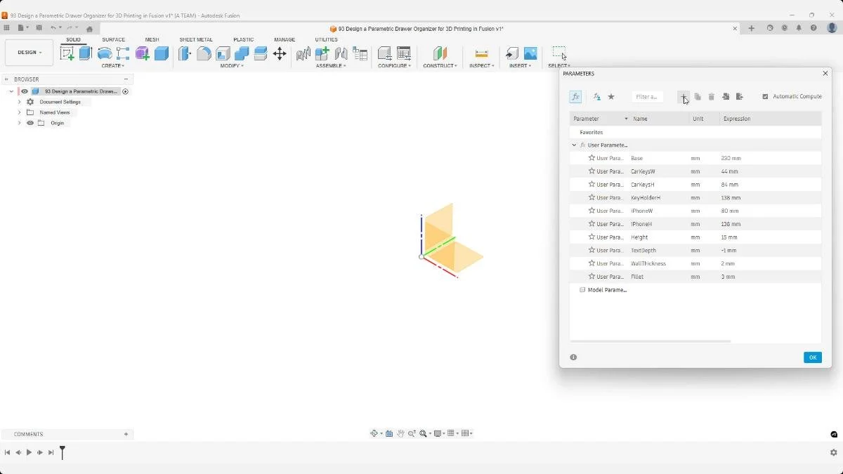 Fusion user parameters defining dimensions for a parametric drawer organizer.