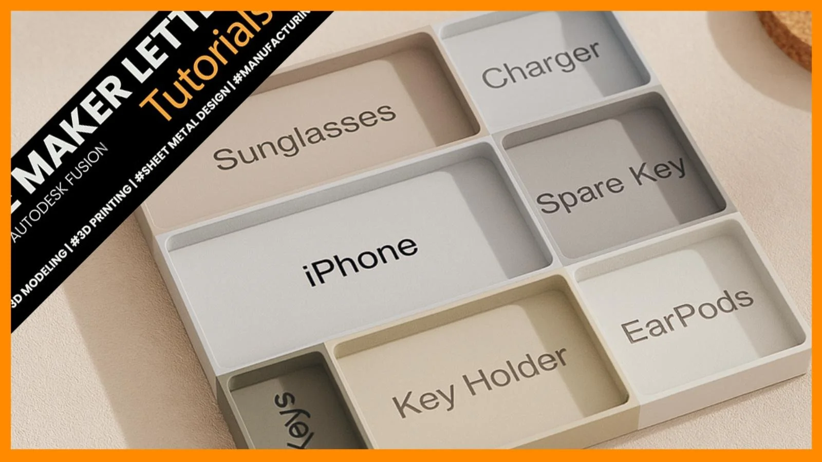 Parametric 3D-printed drawer organizer with labeled compartments for iPhone, sunglasses, charger, spare key, ear pods, and key holder, designed in Autodesk Fusion.