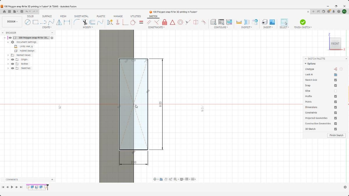 Fusion center rectangle sketch for the snap fit opening measuring 8 mm by 2.5 mm.
