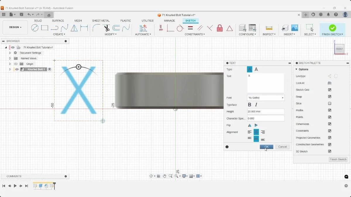 Fusion sketch text aligned beside cylindrical body