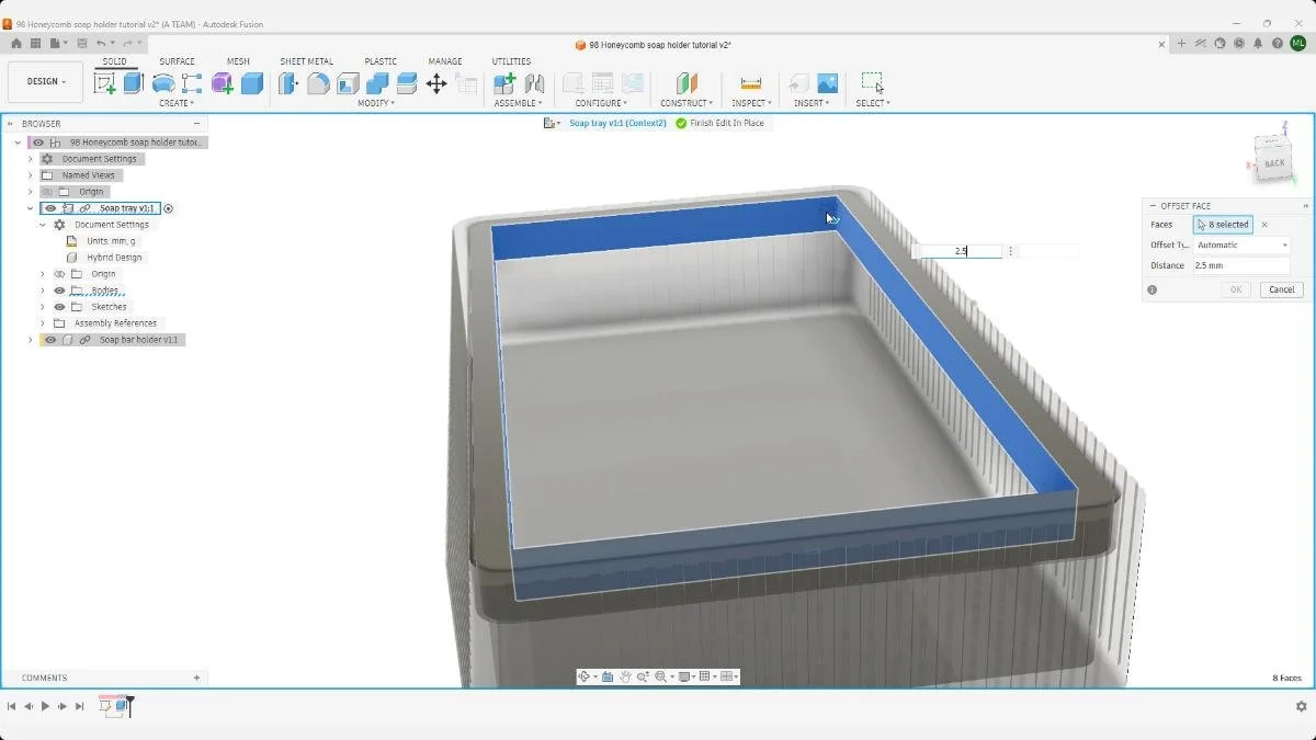 Fusion offset face adjustment on soap tray model