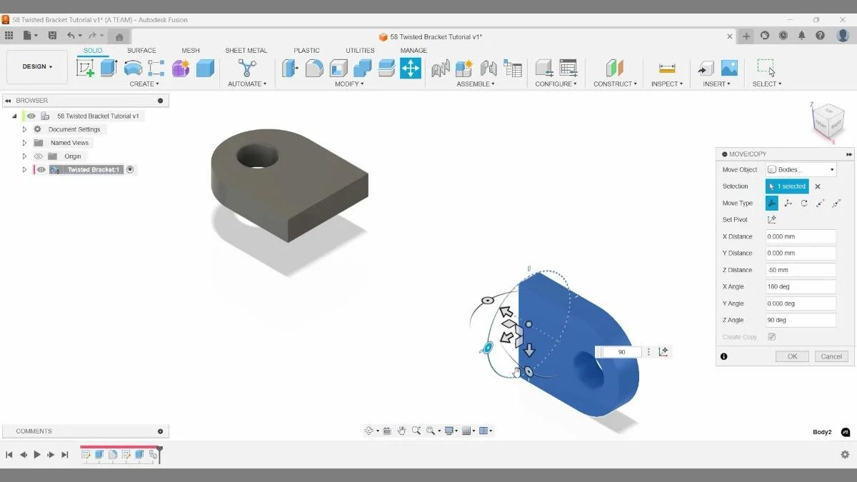 fusion move copy body rotation twisted bracket tutorial