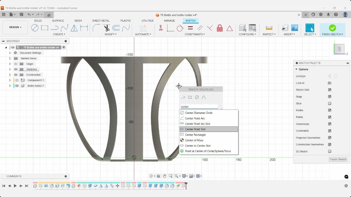 Fusion sketch menu selecting Center Point Slot for the bottle holder mounting feature.