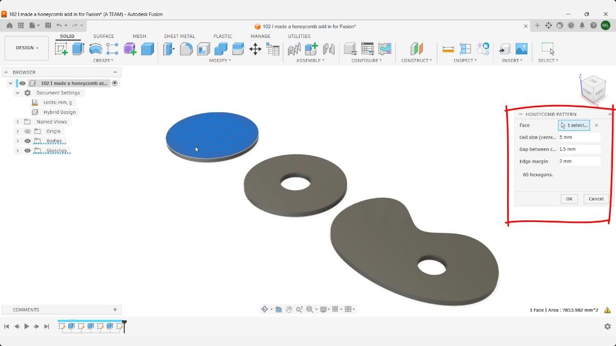 Fusion Honeycomb Pattern add-in with a circular face selected and cell size, gap, and edge margin settings.