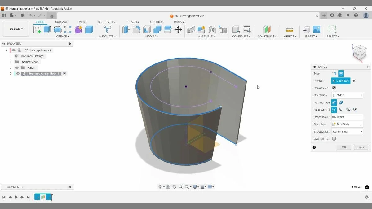 Creating a lofted flange in Autodesk Fusion sheet metal to form the tapered bowl shape
