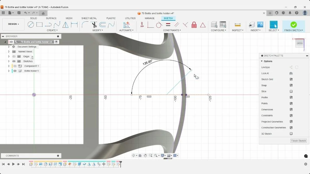 Fusion sketch with an angled line dimensioned to 135° for the bottle holder.