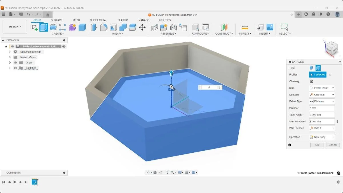 Extrude the hexagon 5 mm to form the base solid for the honeycomb pattern.