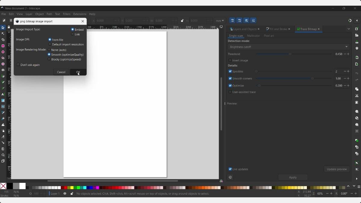 Inkscape import dialog for embedding the black-and-white Voronoi coaster bitmap.