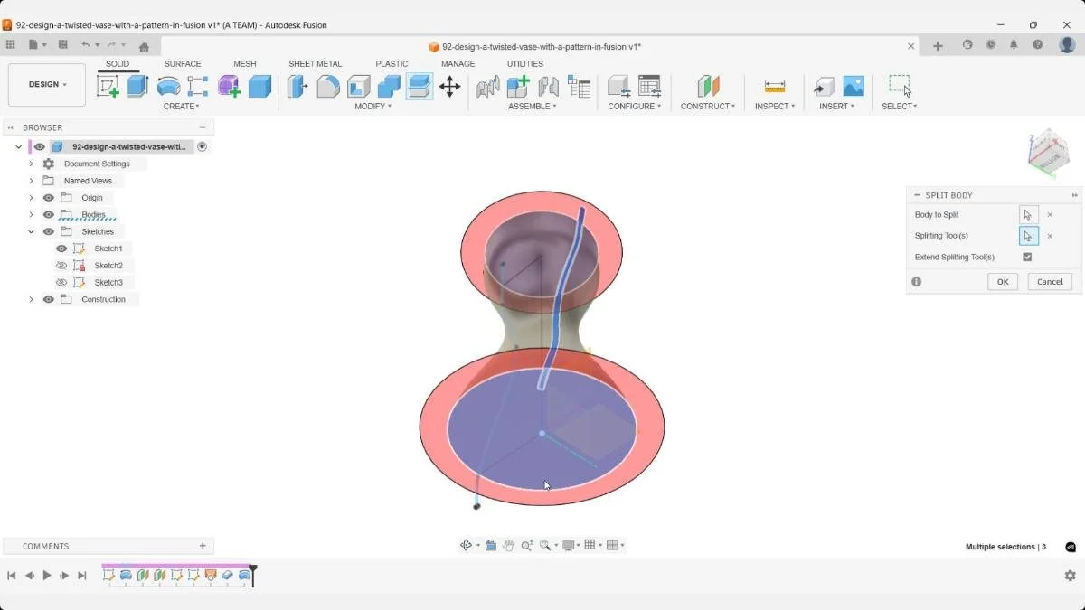 Fusion Split Body command using the top and bottom offset planes as splitting tools to separate the twisted surface pattern into its upper and lower sections.