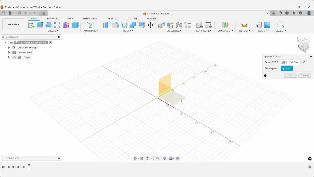 Fusion Insert SVG tool selecting a horizontal plane for the Voronoi coaster sketch.