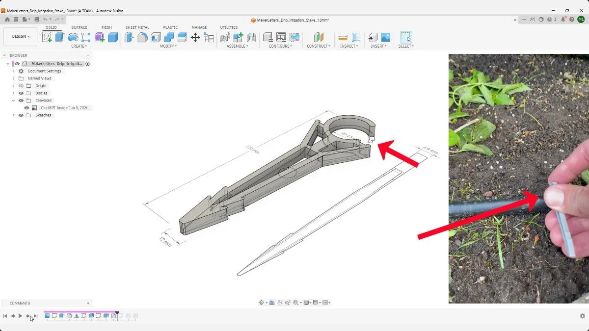 Tubing inserted into snap-fit drip irrigation stake clip.