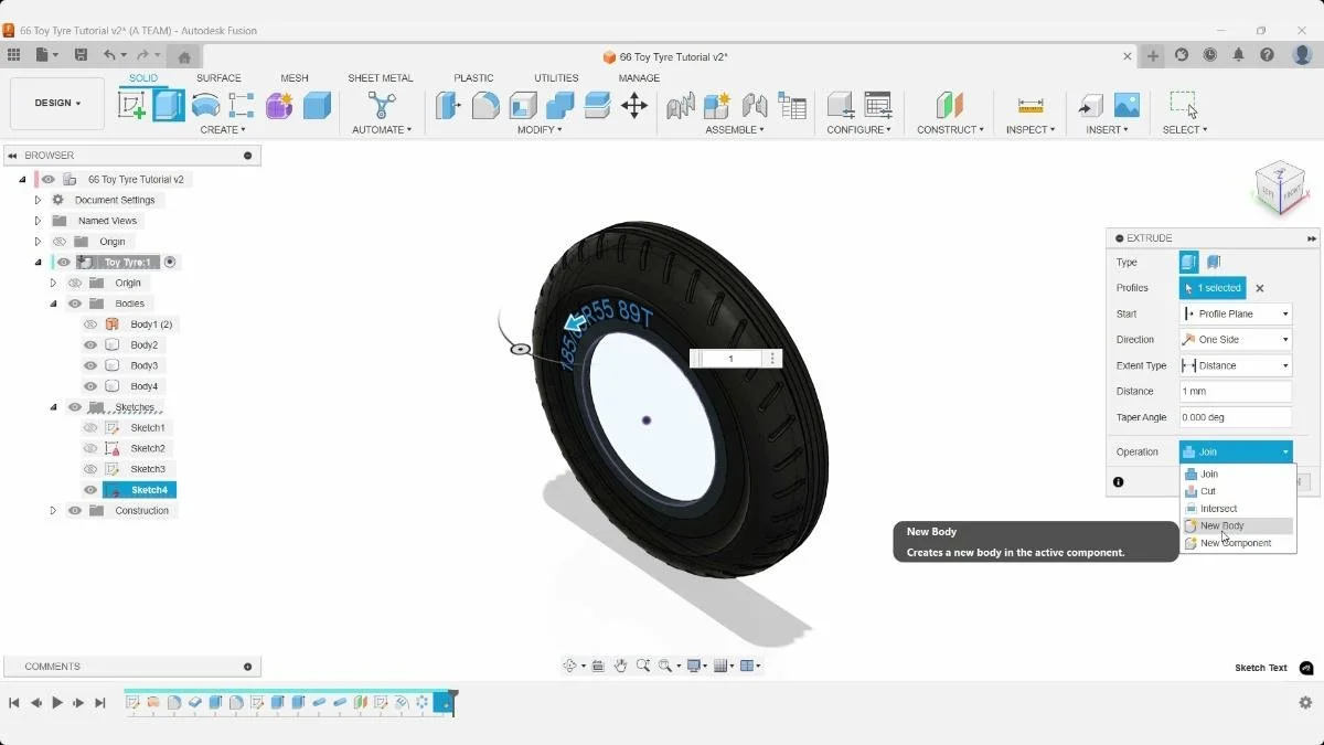 Fusion extrude embossing text onto tire surface