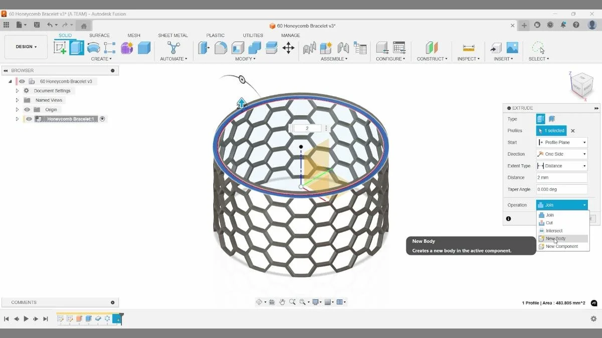 extrude top ring on honeycomb bracelet fusion