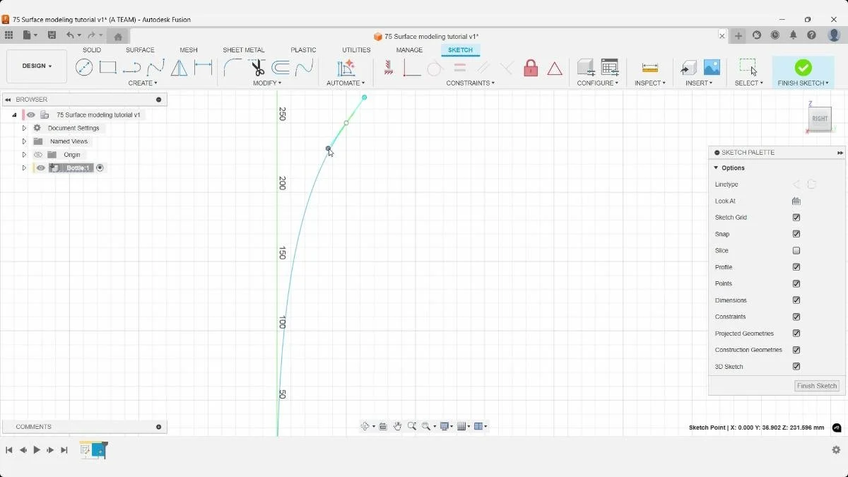Fit Point Spline defining the bottle shape in Autodesk Fusion.