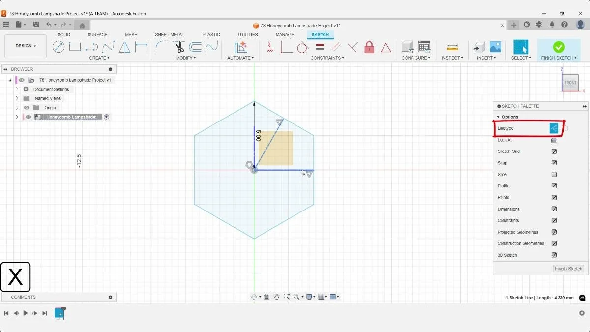 Fusion hexagon sketch with a radial construction line and 5 mm dimension.