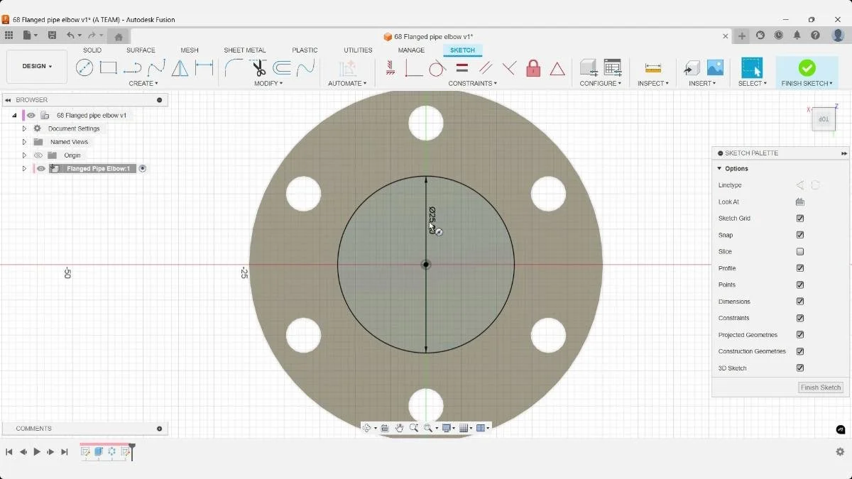 fusion flange sketch center hole dimension constrained circle